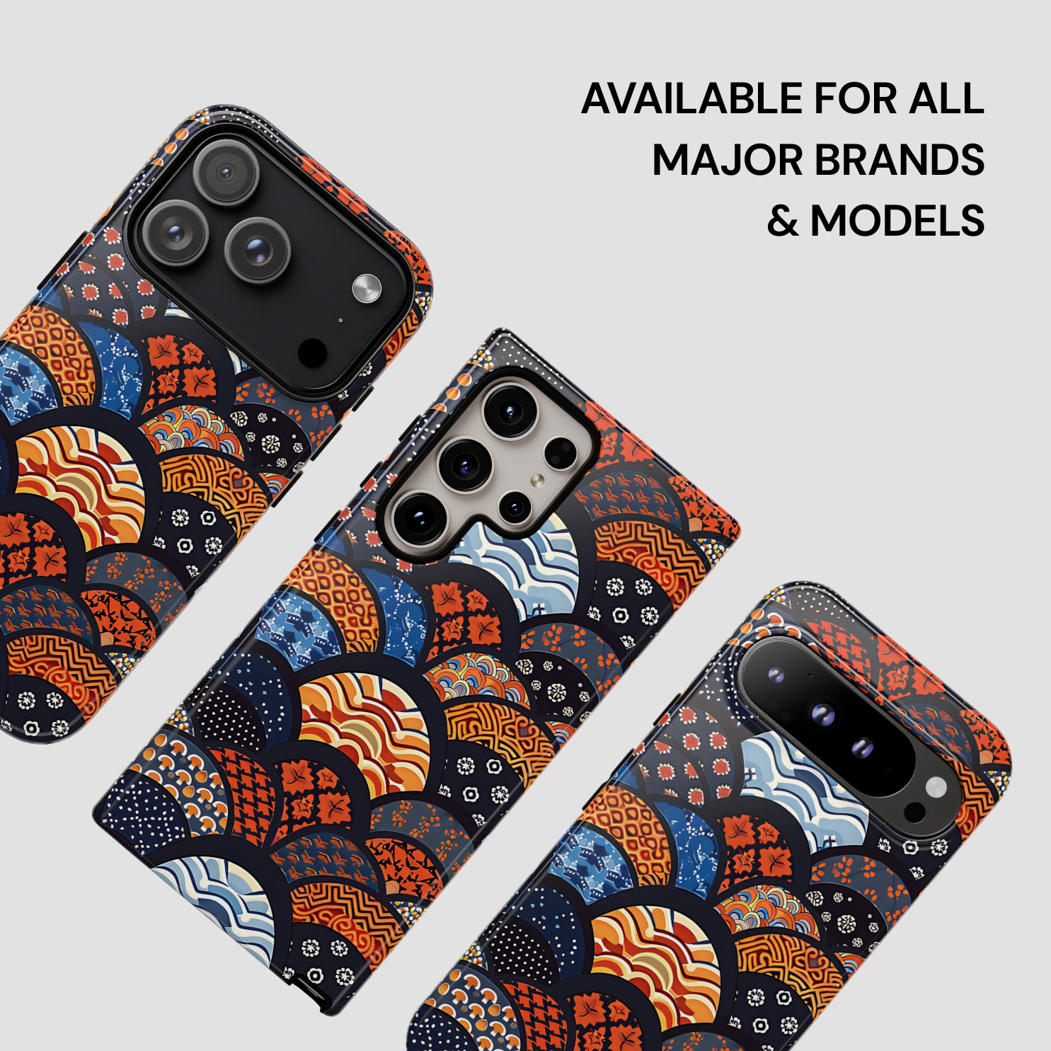Patterned phone case on a white background with text 'Available for all major brands & models'. | Casenari
