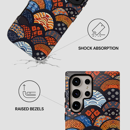 Phone case with colorful pattern, shock absorption, and raised bezels features on a light gray background. | Casenari