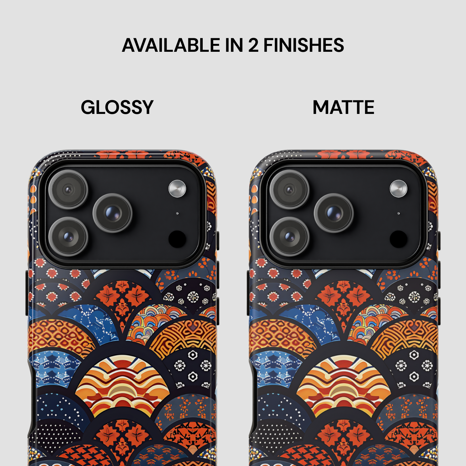 Two phone case designs, one glossy and one matte, with a geometric pattern on a white background. | Casenari