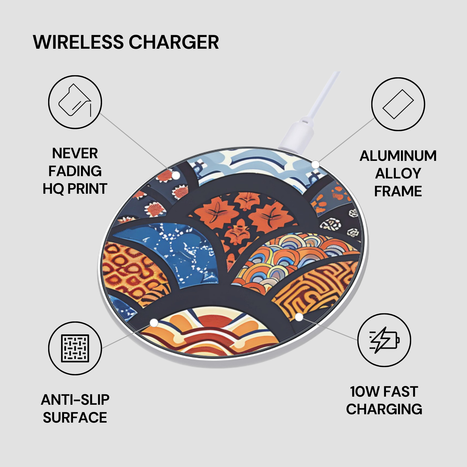 Wireless charger with decorative design on a light gray background | Casenari