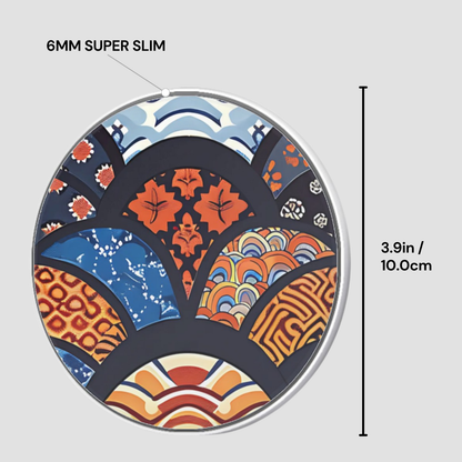 Decorative circular object with a colorful pattern and measurement details on a gray background | Casenari