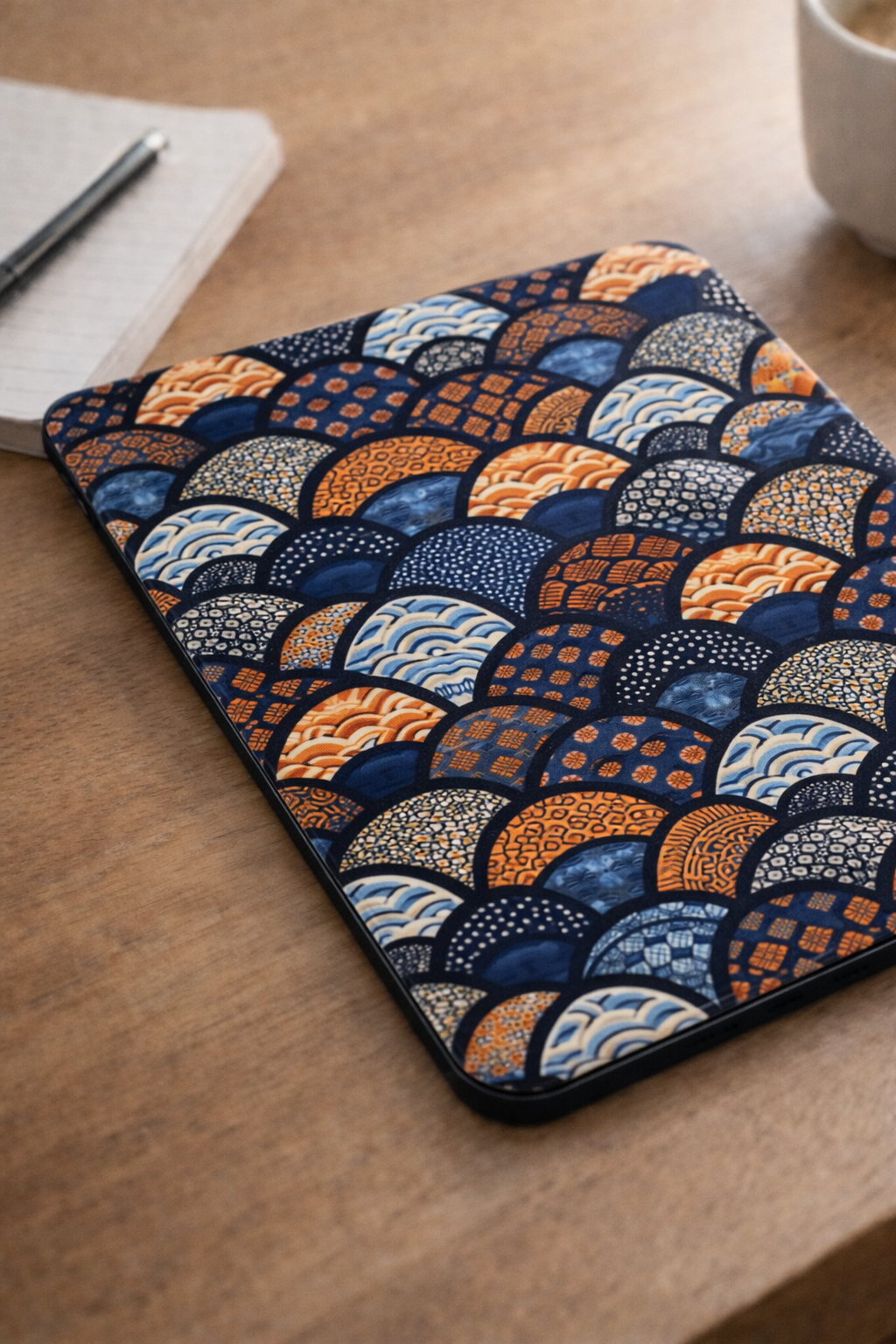 A tablet case with a detailed Japanese-style wave and scallop pattern in navy, blue, orange, and beige, resting on a wooden desk next to a notebook and pen.
