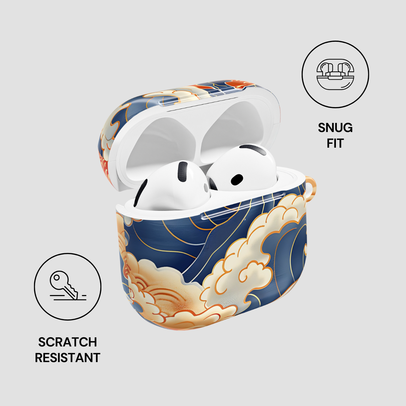 AirPods in a decorative case with wave design on a light gray background