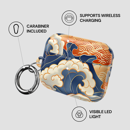 Decorative case with wave design, carabiner, wireless charging, and LED light features on a gray background.