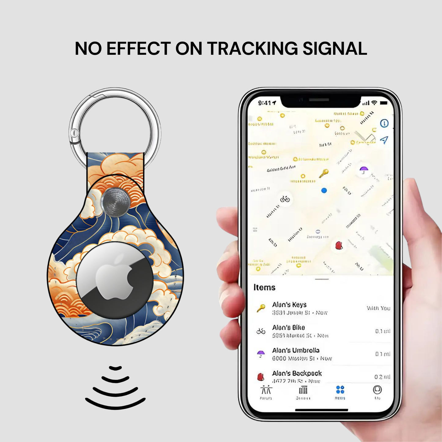 Airtag holder with phone displaying location app on a light gray background