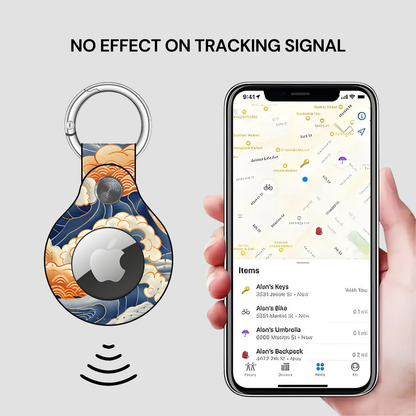 Airtag holder with phone displaying location app on a light gray background