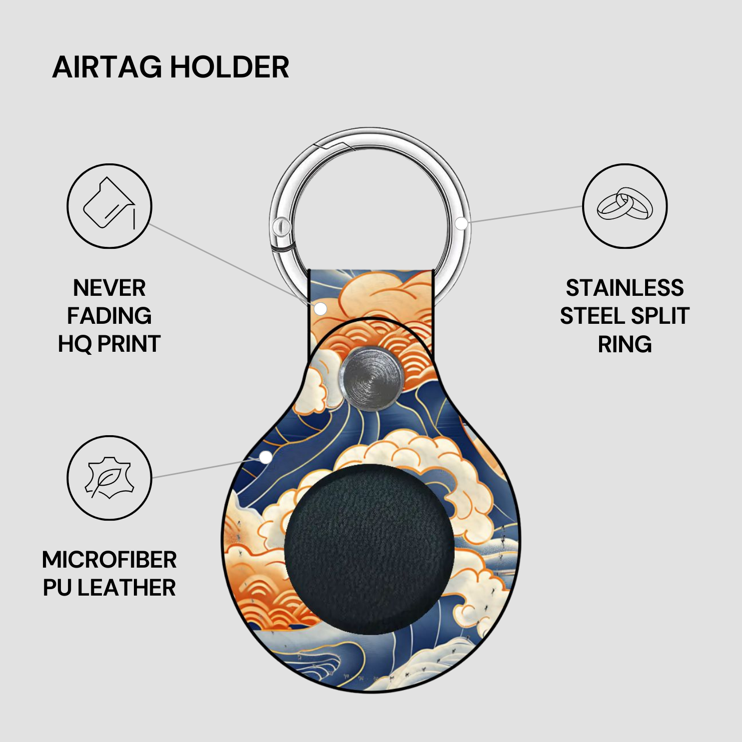 Airtag holder with decorative design on a gray background