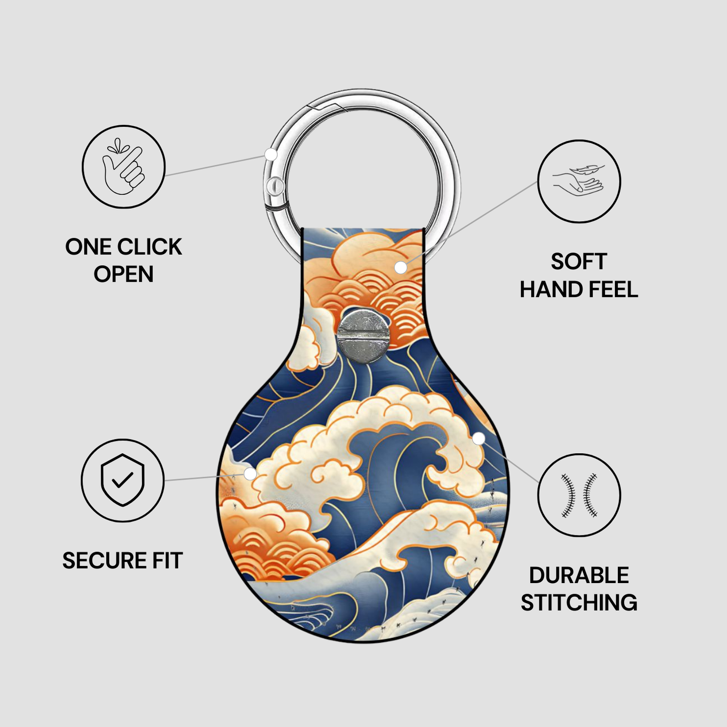 Airtag holder with wave design and features on a light gray background