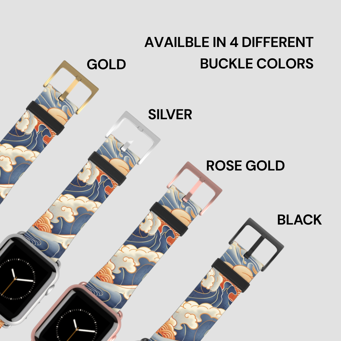 Four watch straps with different buckle colors on a light gray background