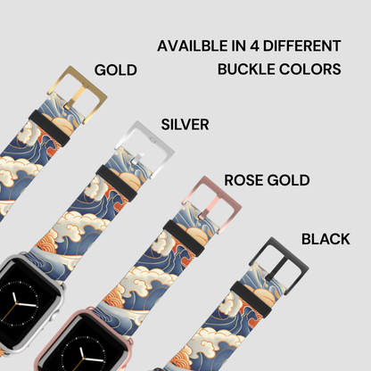 Four watch straps with different buckle colors on a light gray background