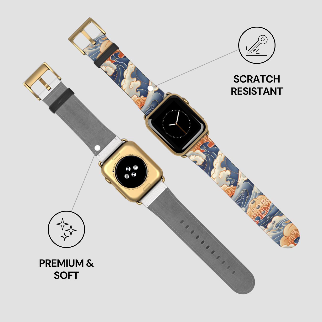 Two smartwatches with different band designs on a light gray background
