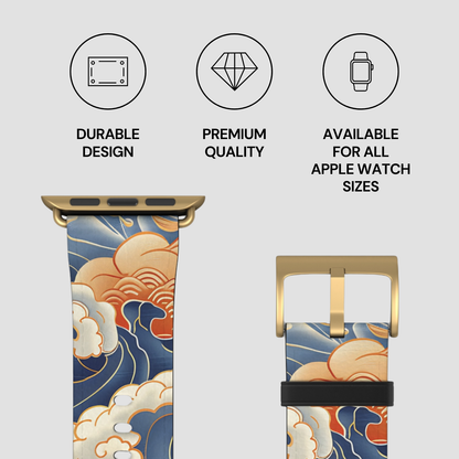 Watch strap with wave design and gold buckle, featuring durability, premium quality, and compatibility icons. | Casenari