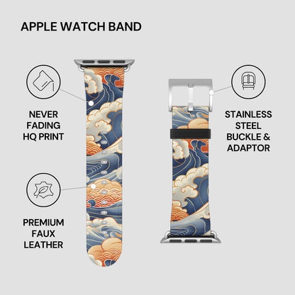 Apple watch band with wave design, stainless steel buckle, and premium faux leather on a light gray background.