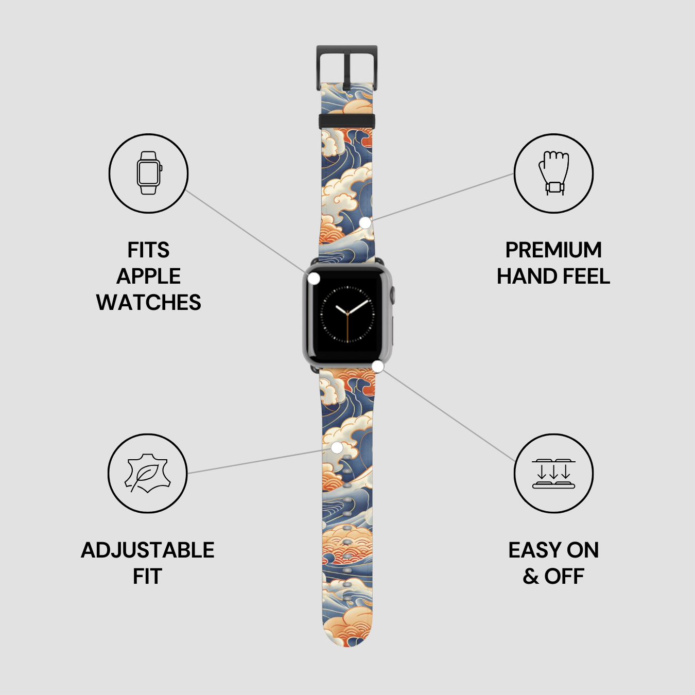 Watch band with a floral design on an Apple Watch, featuring text on its benefits.