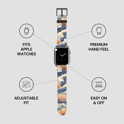 Watch band with a floral design on an Apple Watch, featuring text on its benefits.