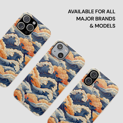Three phone cases with wave design on a light gray background