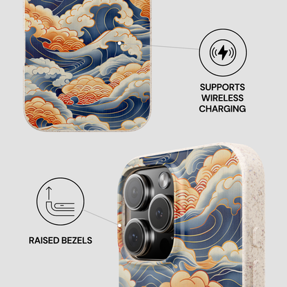 Phone case with wave design and wireless charging symbol on a light gray background