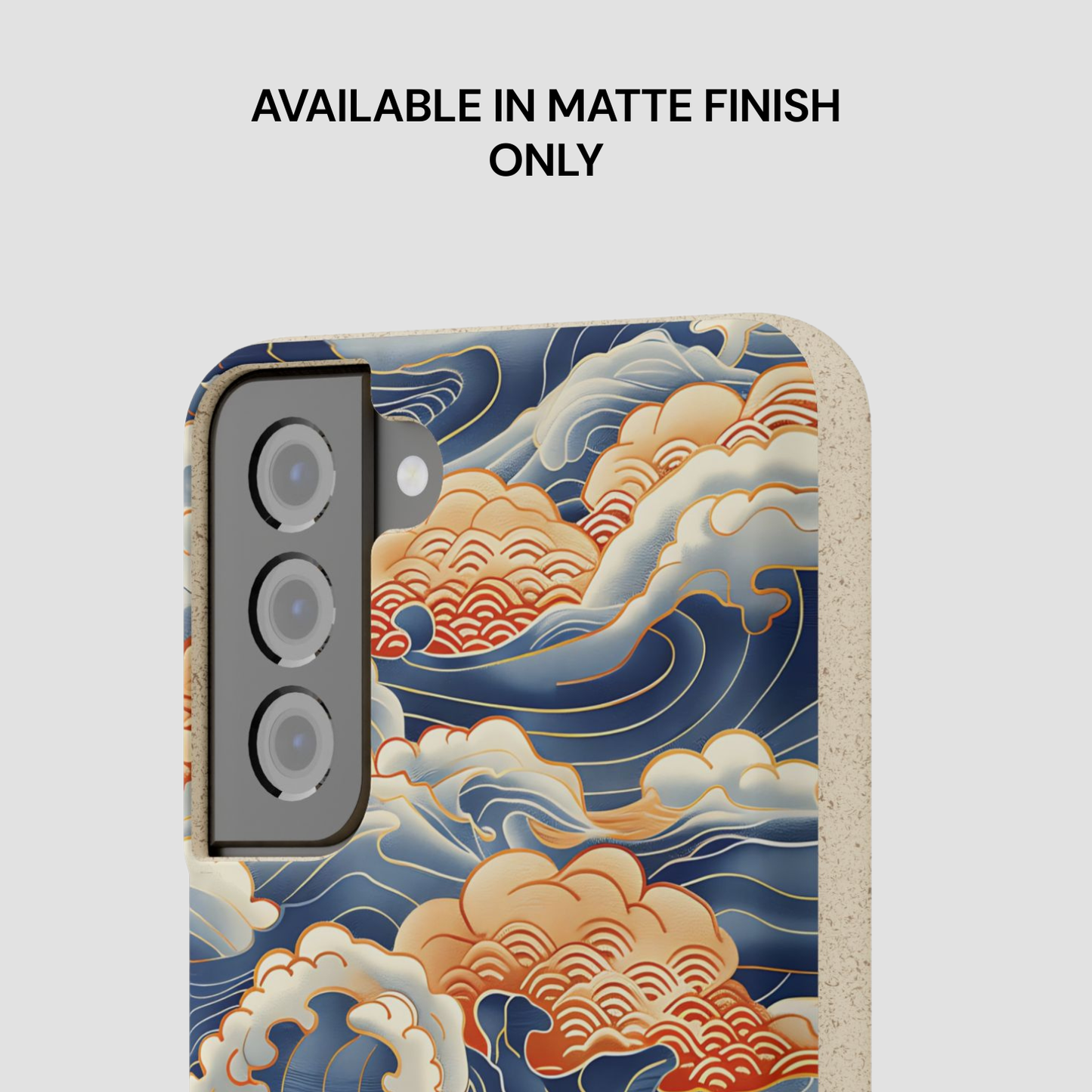 Phone case with wave design and text indicating matte finish only on a light gray background