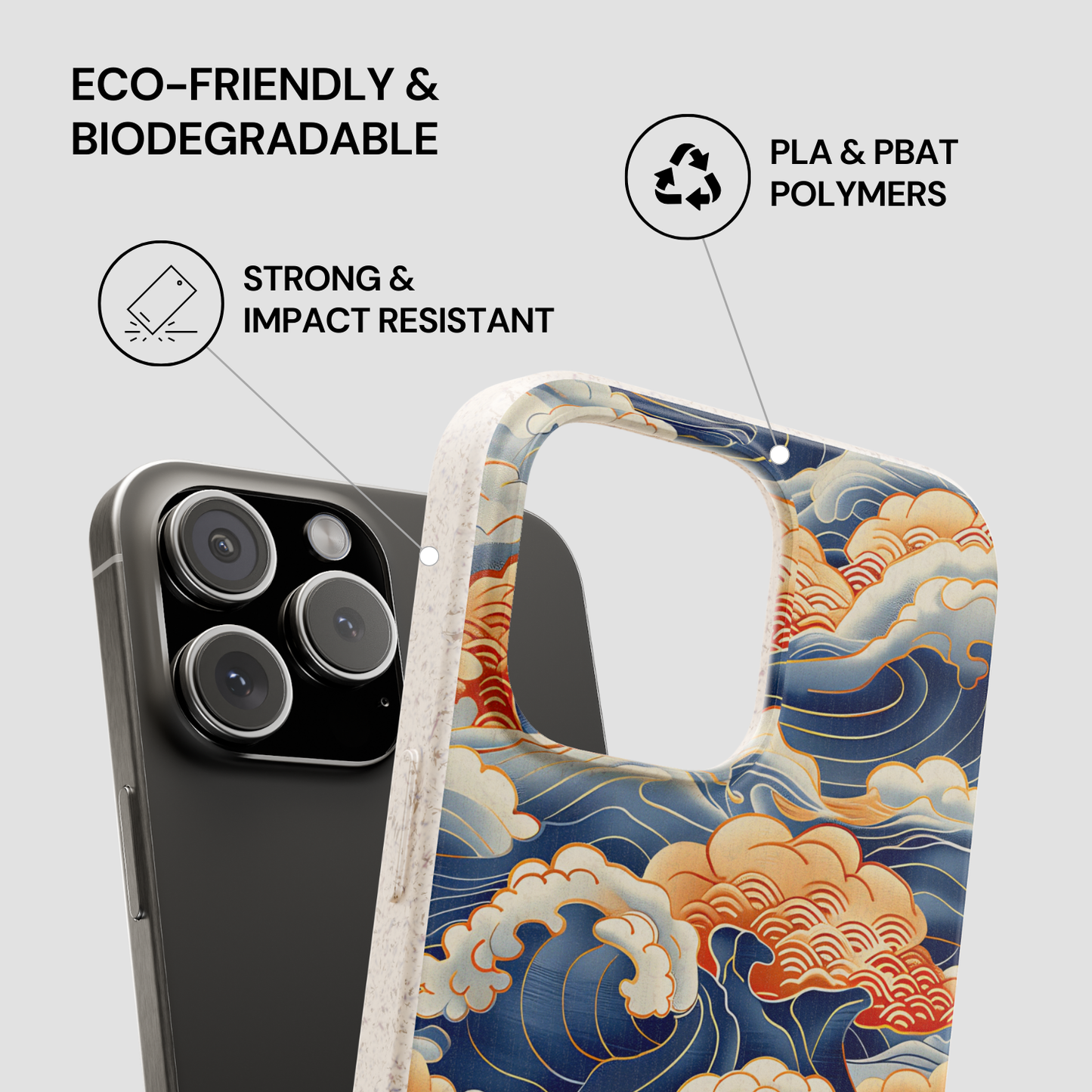 Phone case with wave design and eco-friendly features on a gray background