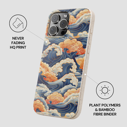 Phone case with wave design and text about plant polymers and bamboo fiber binder on a light gray background
