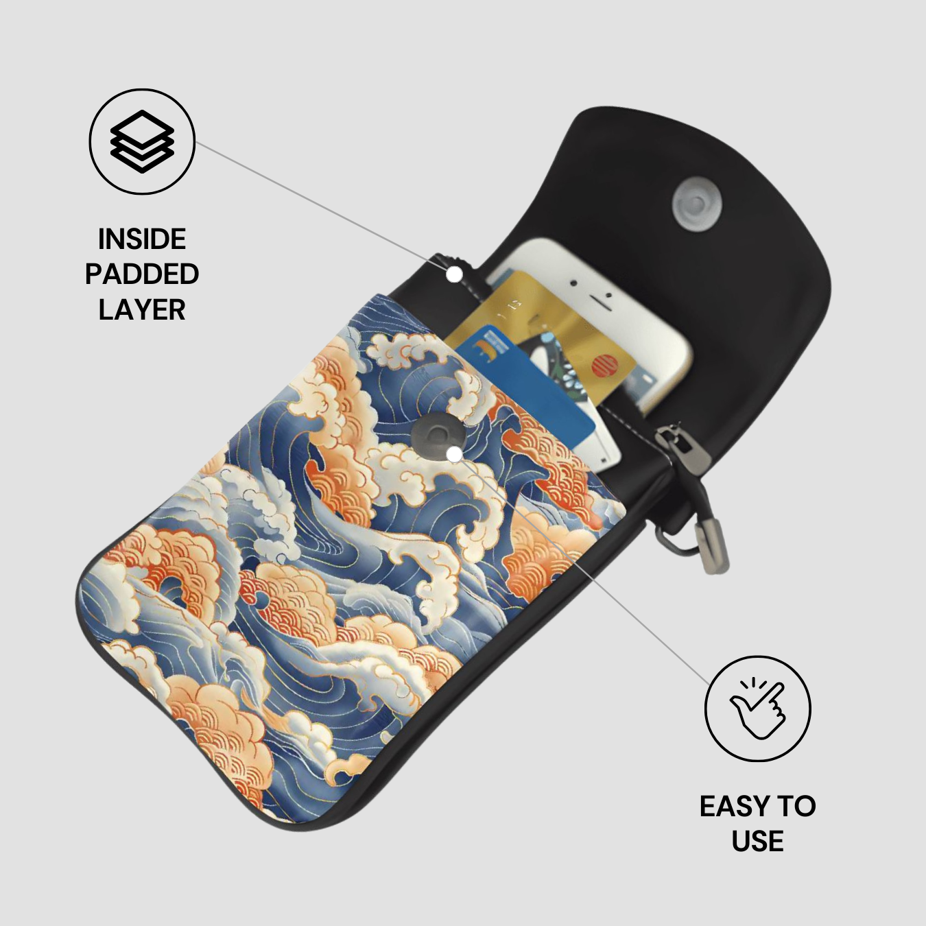 Phone case with wave design and text indicating 'Inside Padded Layer' and 'Easy to Use'.