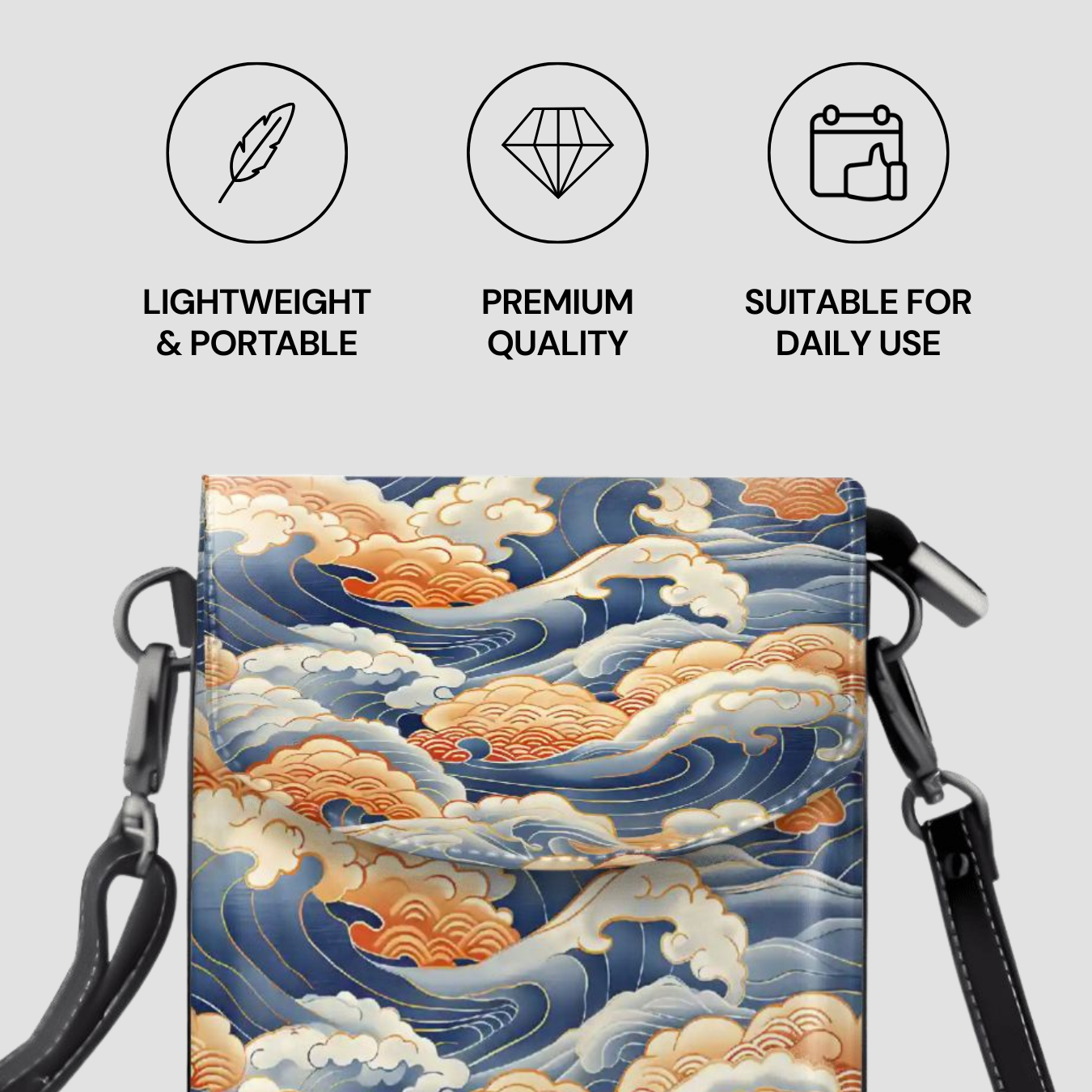 Crossbody Bag with cloud design and features on a light gray background