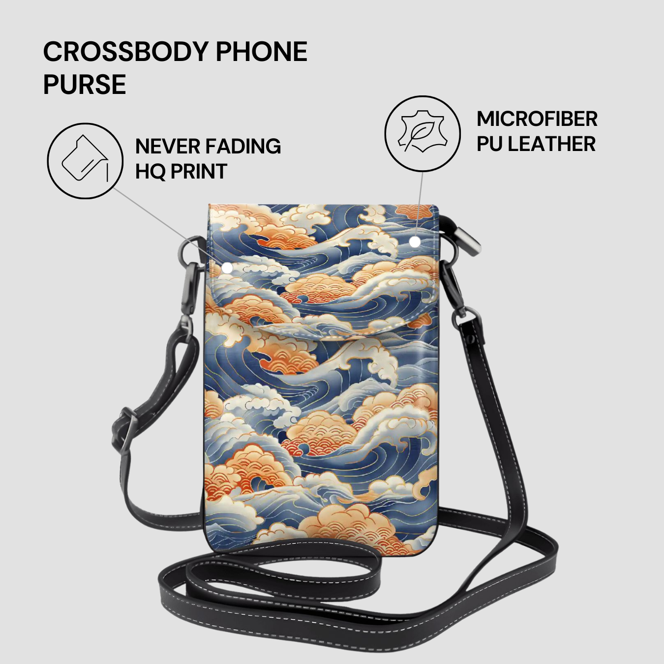 Crossbody phone purse with cloud design and text highlighting features on a light gray background