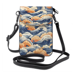 Crossbody Bag with wave design and black strap on a white background