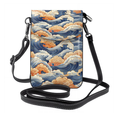 Crossbody Bag with wave design and black strap on a white background