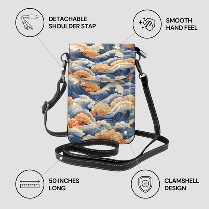Crossbody Bag with wave design and features on a light gray background