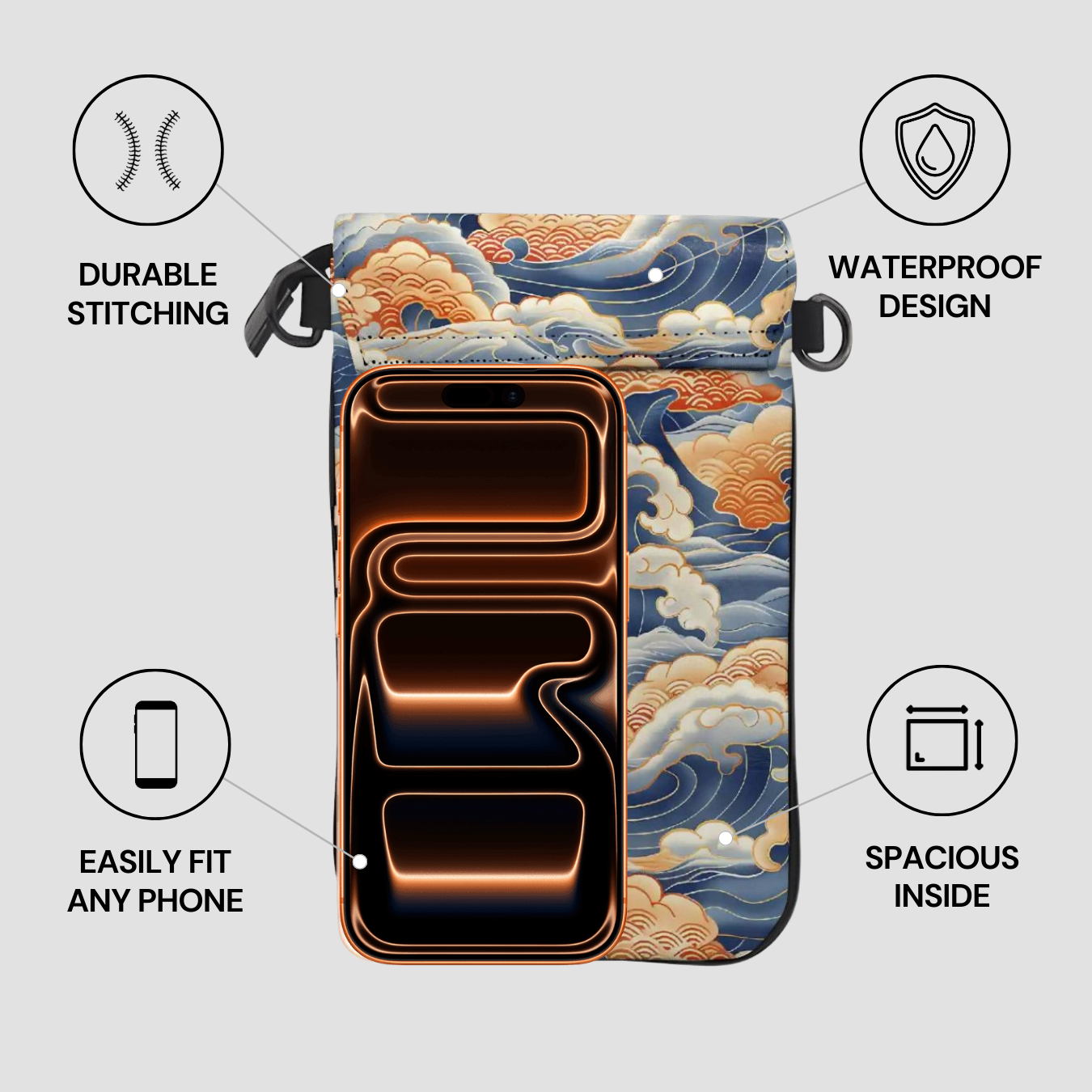 Phone case with wave design and features highlighted on a light gray background