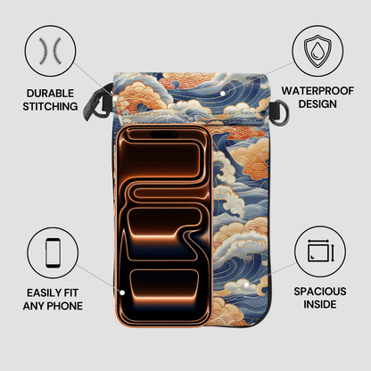 Phone case with wave design and features highlighted on a light gray background