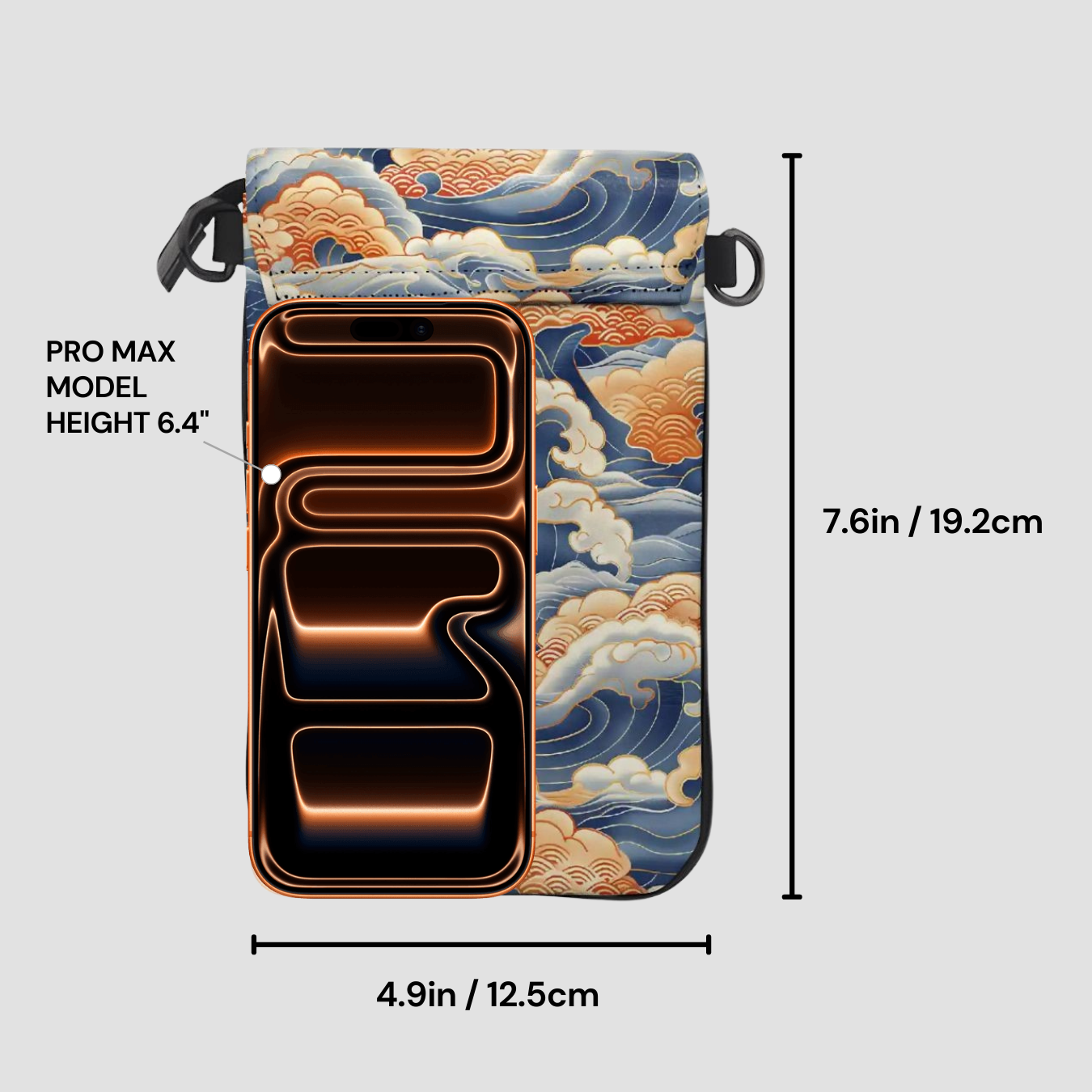Crossbody Bag with traditional design and measurements on a light gray background