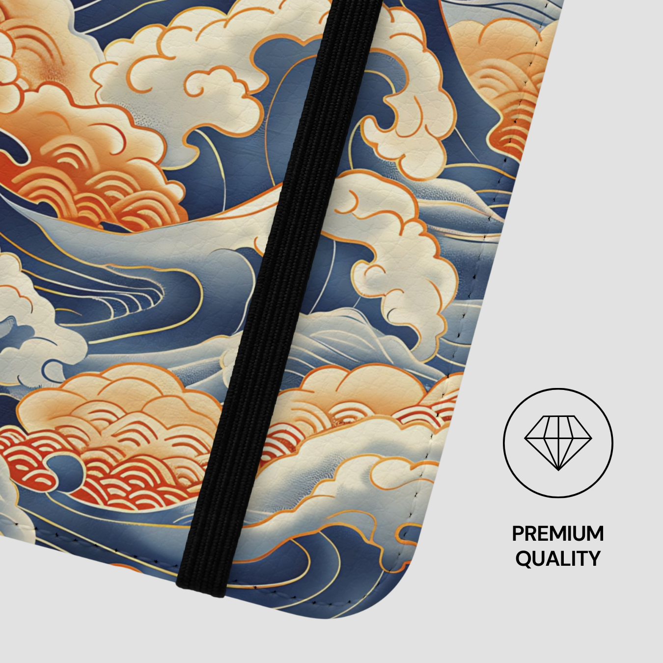 Product with wave and cloud design and 'Premium Quality' label