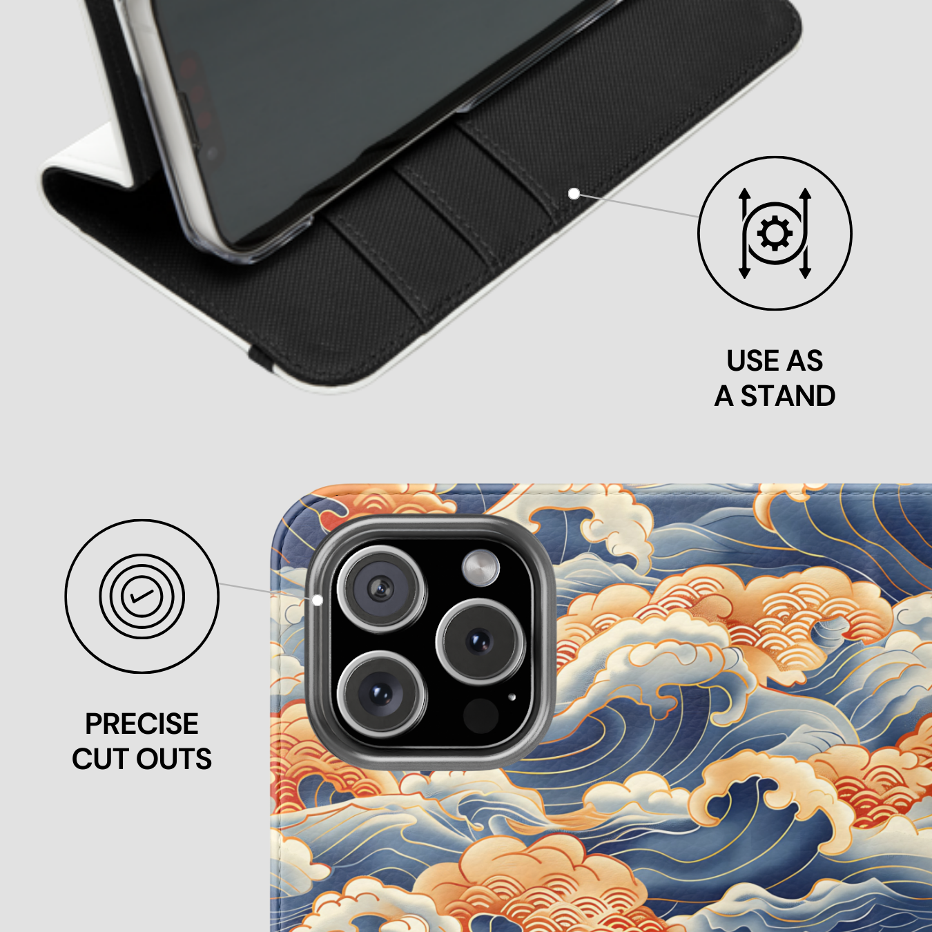 Phone case with wave design and stand feature on a light gray background