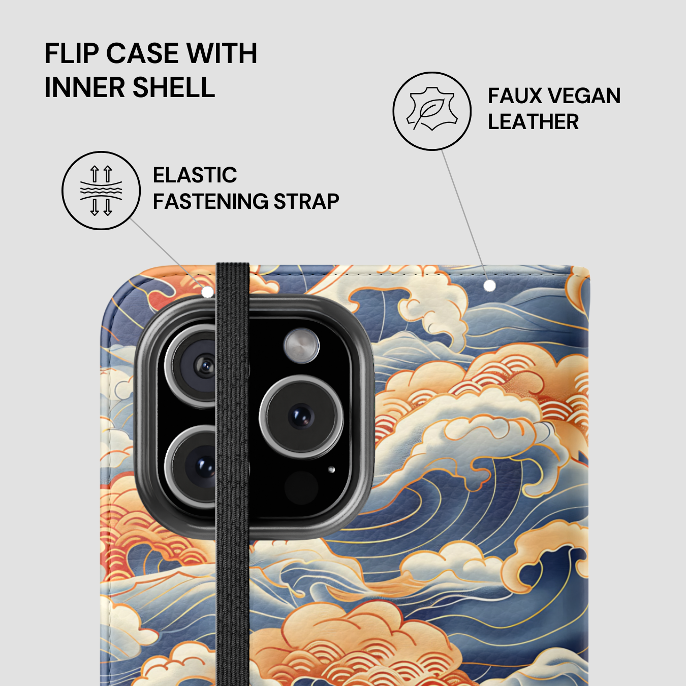 Flip case with inner shell featuring a wave design on a white background