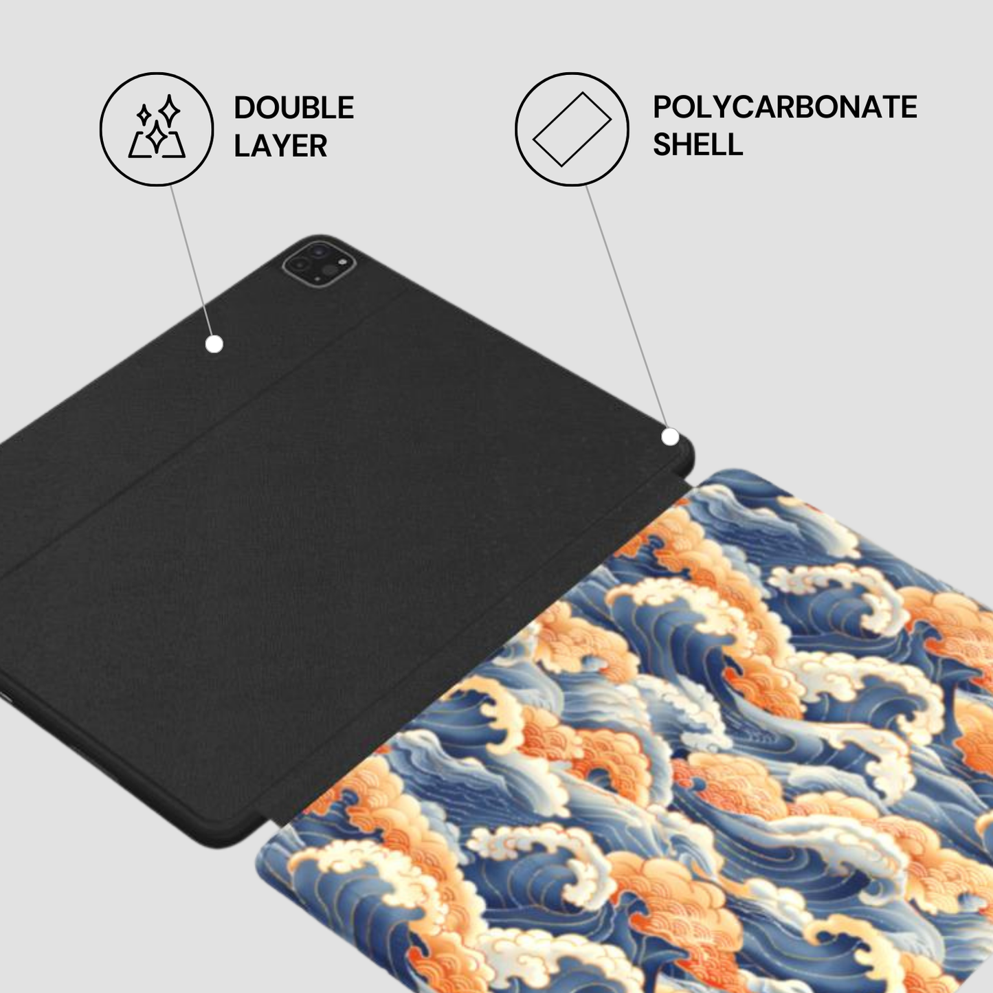 Tablet case with double layer and polycarbonate shell features on a gray background
