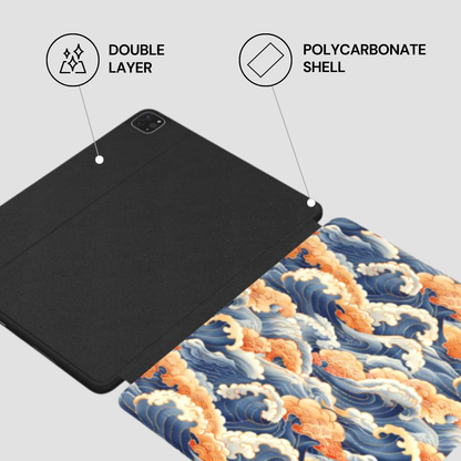 Tablet case with double layer and polycarbonate shell features on a gray background