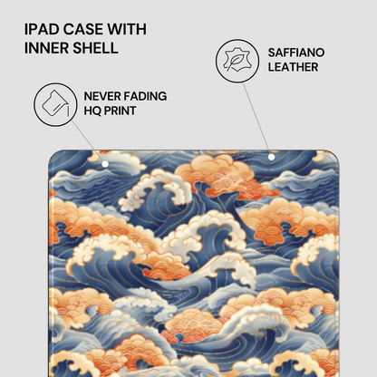 IPAD CASE WITH INNER SHELL featuring saffiano leather and never fading HQ print on a wave pattern design.