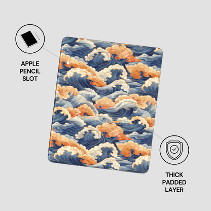 Tablet case with wave design and Apple Pencil slot on a gray background