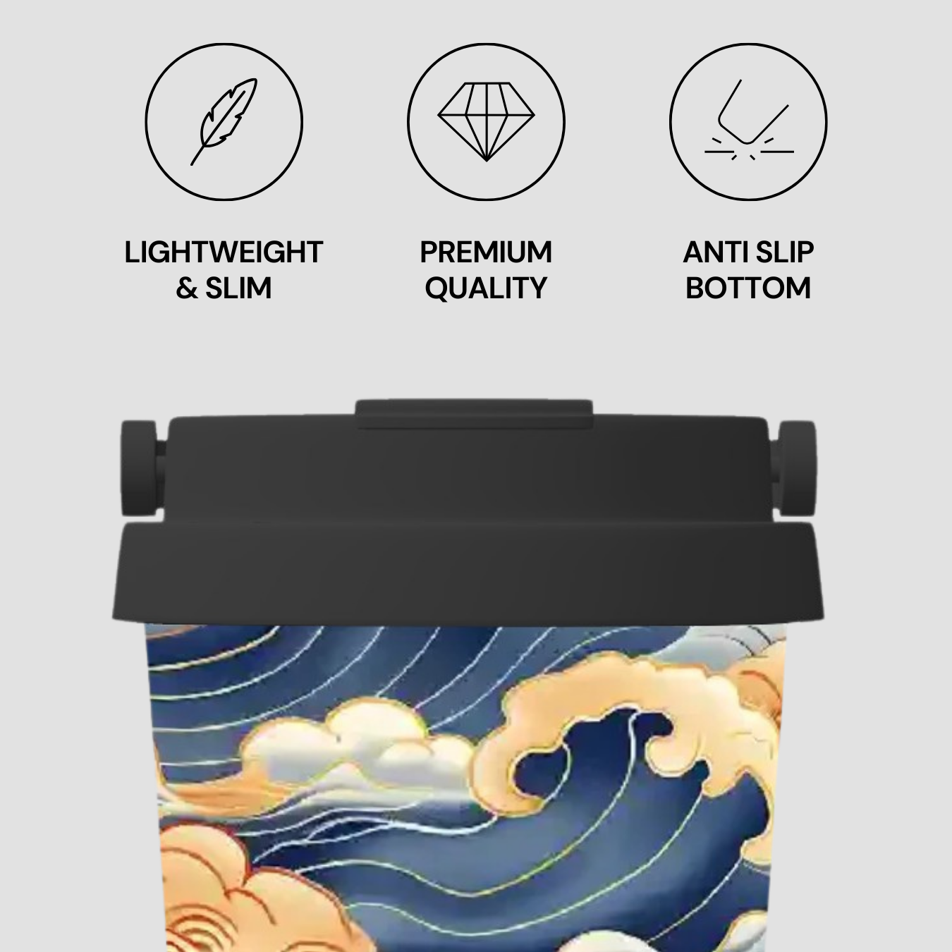 insulated travle mug with wave design and feature icons on a light gray background