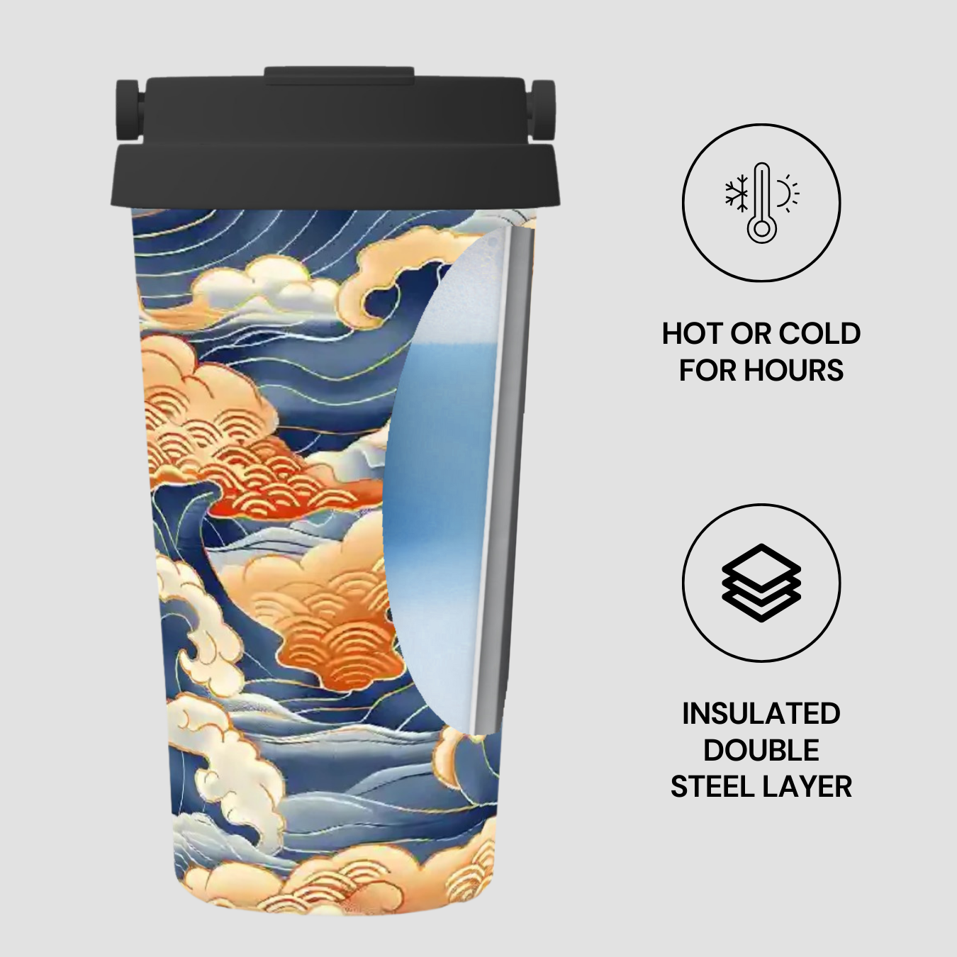 Insulated tumbler with wave design and text indicating insulation features on a white background