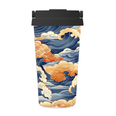 Travel Mug with wave and cloud design on a white background
