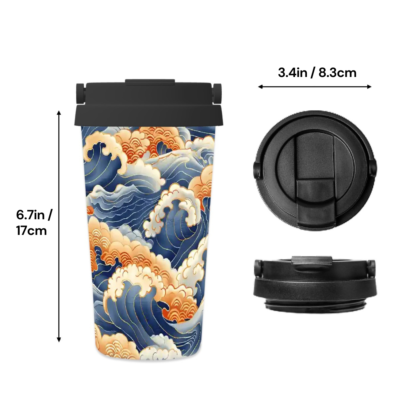 Travel mug with wave design and black lid, showing measurements on a white background