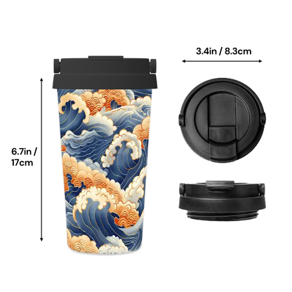 Travel mug with wave design and black lid, showing measurements on a white background