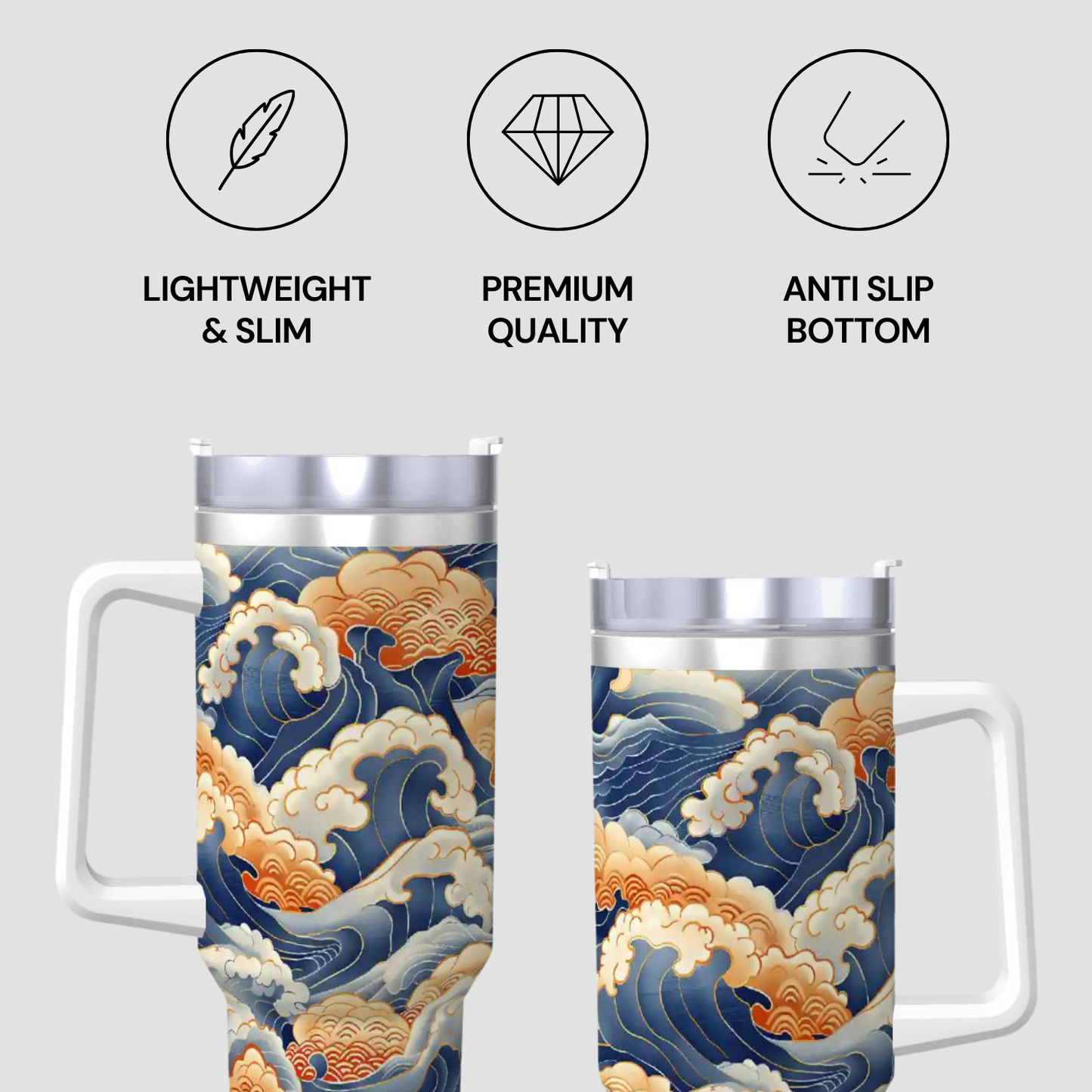 Two travel mugs with wave design and feature icons on a light gray background