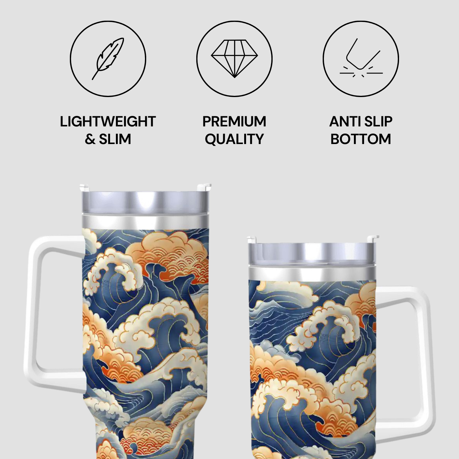 Two travel mugs with wave design and feature icons on a light gray background