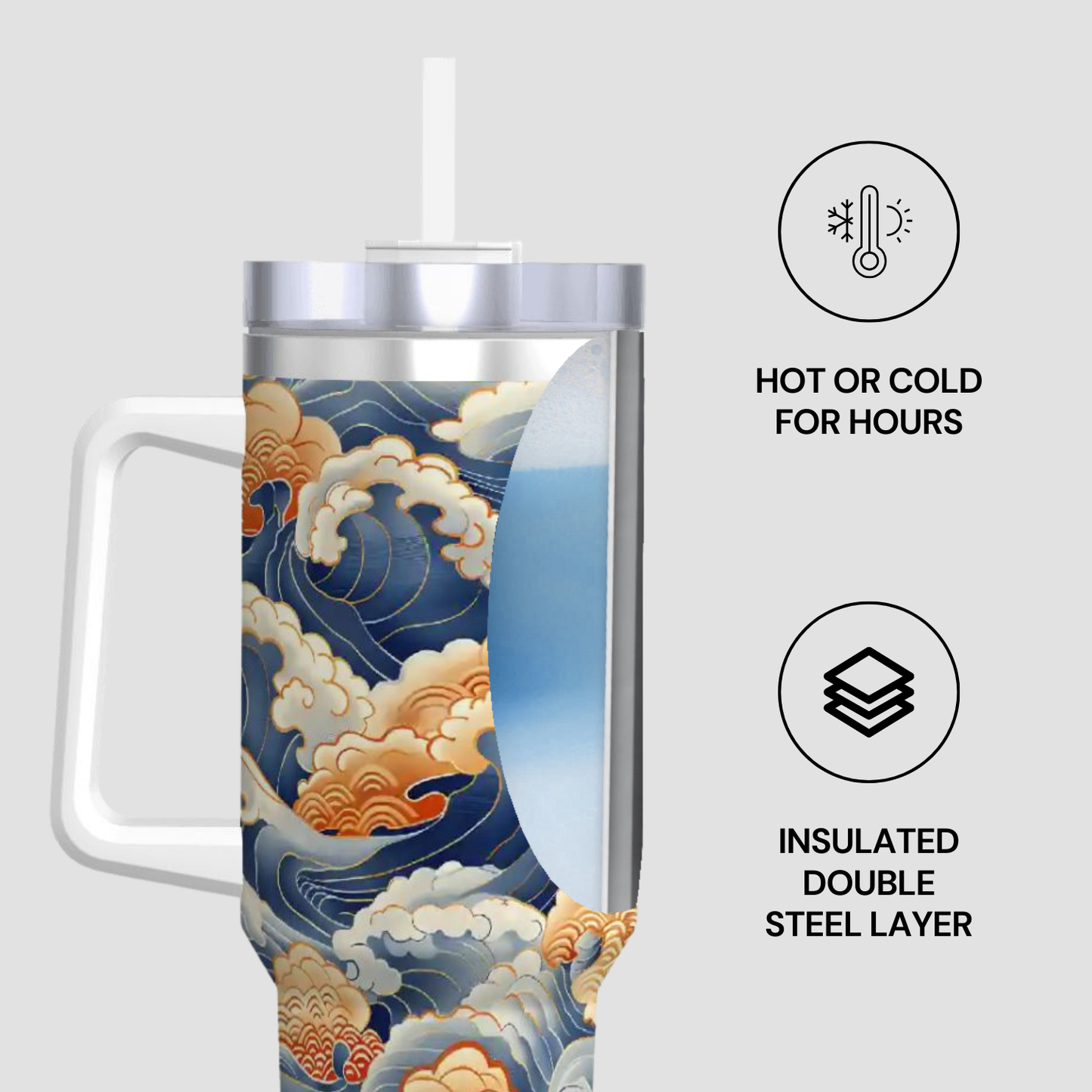 Tumbler with wave design and insulated features on a light gray background 