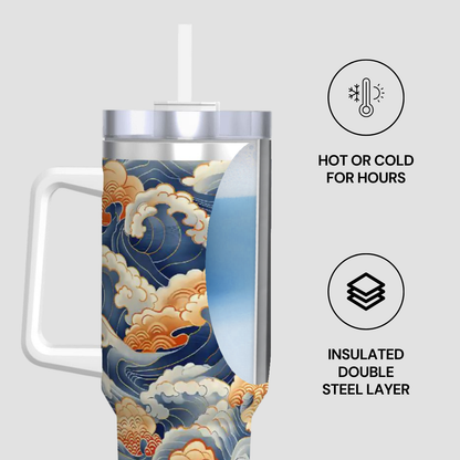 Tumbler with wave design and insulated features on a light gray background 