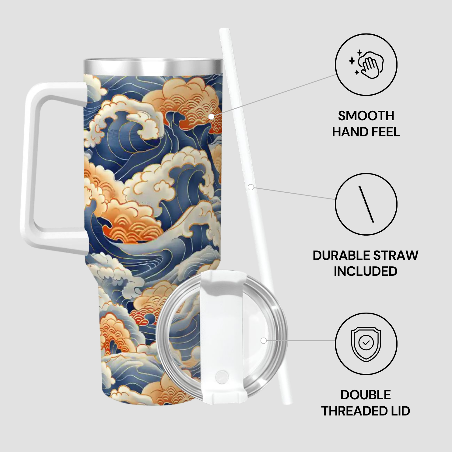 Travel mug with wave design, lid, and straw on a light gray background